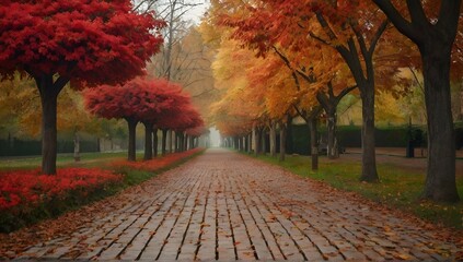 Autumn park with red trees and empty alley, natural seasonal background