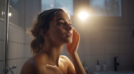 Pretty young caucasian slavic girl in bathroom touching her skin after taking a shower enjoying the tenderness of youth and perfect skincare - obrazy, fototapety, plakaty