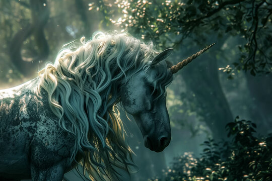 Zoom in on the intricate patterns of a unicorns mane as it walks through a dense ancient forest