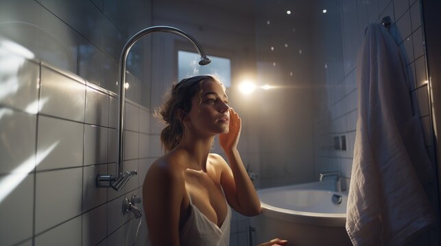 Pretty young busty buxom caucasian slavic girl in bathroom touching her skin after taking a shower enjoying the tenderness of youth and perfect skincare
