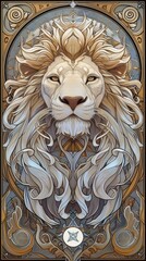 zodiac leo as lion, massive & mystical, embodies the zodiac sign. artwork in Art Nouveau style, Ethereal in the cosmos, a symbol for astrology & fortune.