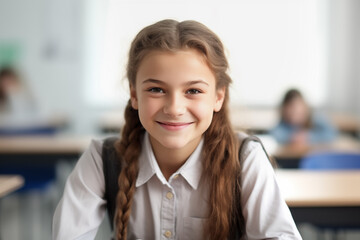 Obraz premium portrait of a schoolgirl sitting at a school desk on the white wall background generative AI