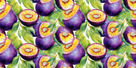 Watercolor Passion Fruit Seamless Pattern, Aquarelle Ripe Passiflora, Creative Watercolor Maracuya Tile - obrazy, fototapety, plakaty