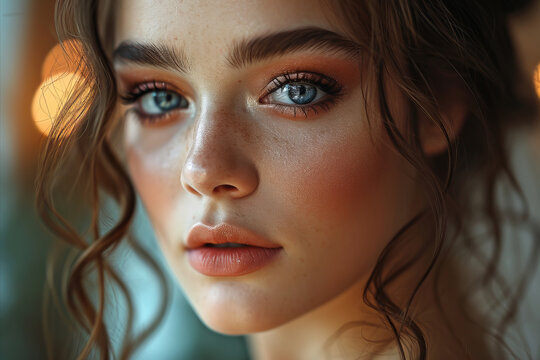 Close portrait of a young beautiful woman with makeup.