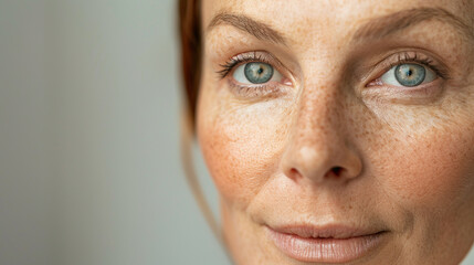 Close up of woman face that used UL therapy to do a face lift - obrazy, fototapety, plakaty