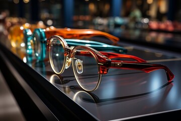 Fashionable Eyeglasses Display: A display of stylish eyeglasses showcasing a variety of frames, emphasizing the fashion-forward aspect of contemporary eyewear. - obrazy, fototapety, plakaty