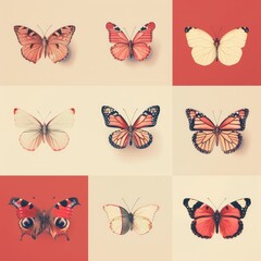 Butterflies Collection in Retro Illustration Style, Vintage Americana, Butterflies Set