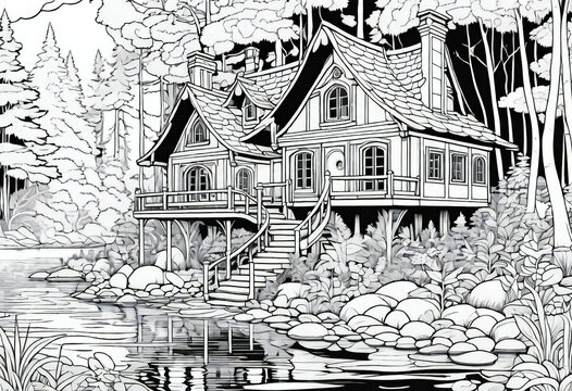 Black and white coloring page of fairy-tale house in the forest near a lake, outline digital illustration and pencil drawing for kids and adult.