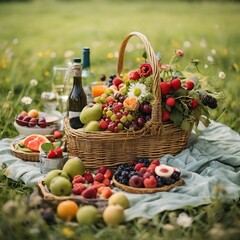 A picnic on a green meadow with a basket of fruits and flowers ai generated