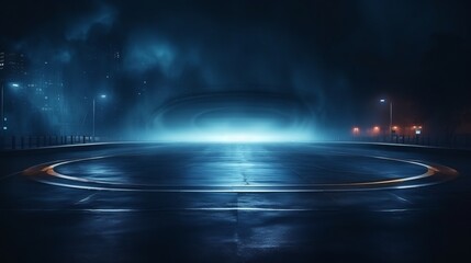 Neon Circle on Dark Street Background with Wet Asphalt. Blue Neon, Smoke, Smog. Abstract Neon Dark Background.