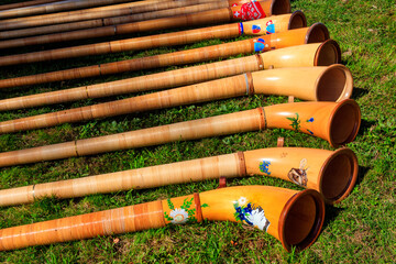 Alphorns laying on the grass on the alpine meadow