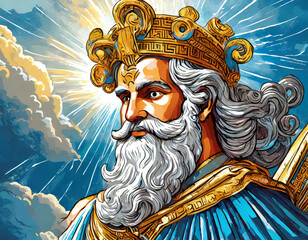 Zeus a male god, the Greek king of gods, illustration.