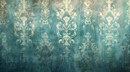 Blue victorian vintage wallpaper design with texture. Retro seamless pattern with floral damask elements. Old fashioned rococo textile print. Vector background illustration. - obrazy, fototapety, plakaty
