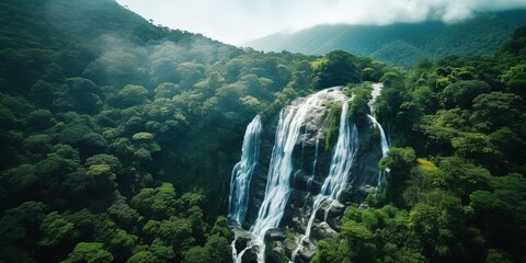 Aerial view waterfall in lush tropical green forest. Nature landscape. Mae Ya Waterfall is situated in Doi Inthanon National Park, Chiang Mai, Thailand. - obrazy, fototapety, plakaty