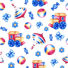 Seamless pattern with children's toys. children's trains, spinning tops and balls. Handmade watercolor illustration. For wrapping paper, textiles, children's clothing, cards, wallpaper, packaging.