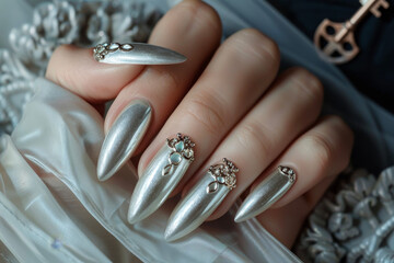 A woman's hand holding a key, with long nails in a silver color and a keyhole design on her nails