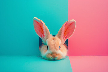 cute easter bunny poking out of a hole in a bright color wall. Happy easter background