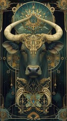 zodiac taurus, massive & mystical, embodies the zodiac sign. artwork in Art Nouveau style, Ethereal in the cosmos, a symbol for astrology & fortune.        