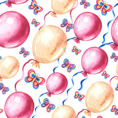 Seamless pattern with festive balloons. Yellow and pink. Handmade watercolor illustration. For packaging paper, textiles, greeting cards, labels, packages. For holiday decorations and wallpapers.