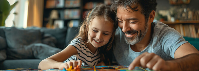father and daughter opening a board game box in the living room father and daughter concept - obrazy, fototapety, plakaty