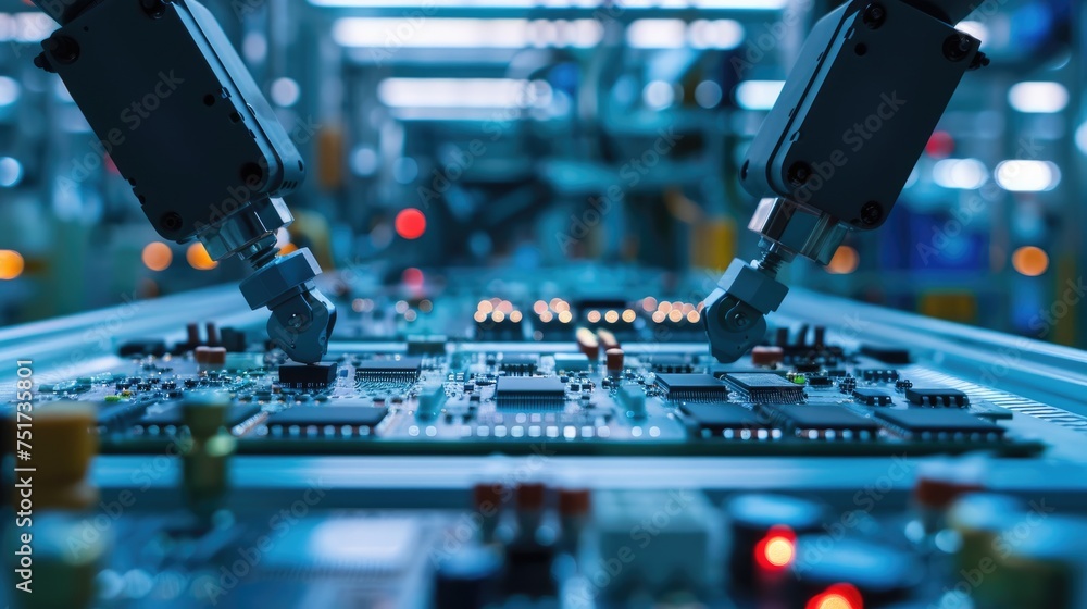 Poster Automated PCB assembly line. Conveyor with robotic arms in electronics factory. Semiconductor manufacturing industry