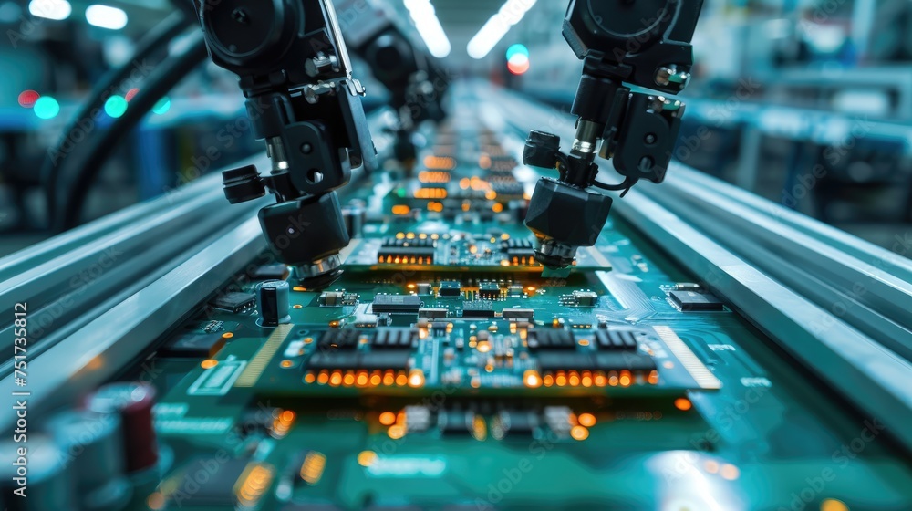 Aufkleber Printed circuit board assembly process. Conveyor with robotic arms in electronics factory. Semiconductor manufacturing industry