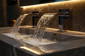 Contemporary chrome faucet in a bathroom water running