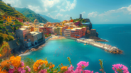 Scenic view of colorful village Vernazza and ocean coast in Cinque Terre, Italy. - obrazy, fototapety, plakaty