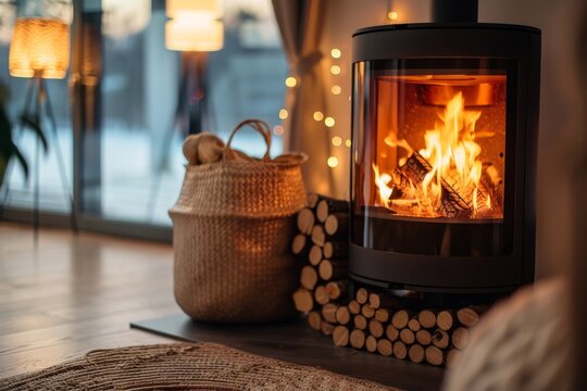 Contemporary black stove with flames and pellet bag in living area
