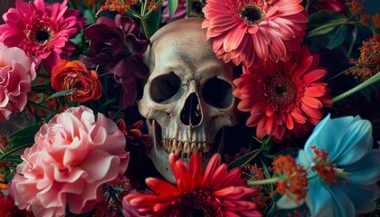 Contrasting tattoo background featuring a bouquet of colorful flowers with a skull at the center symbolizing Santa Muerte