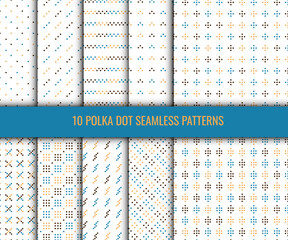 Polka dots seamless pattern. Set of minimalistic spotted backgrounds with small colored dots on a white backdrop. Simple geometric design for fabric, textile, paper, cover, kids clothes