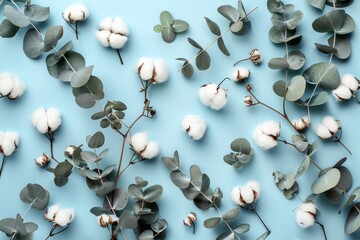 Cotton and eucalyptus flowers on blue background Flat lay square view