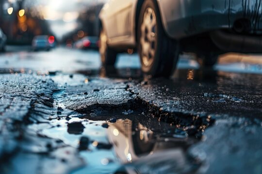 Old damaged asphalt pavement road with potholes in city. Car stopped near pothole