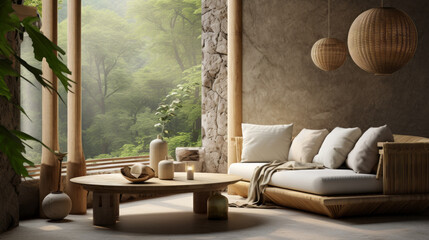 A tranquil living room with a bamboo sofa, woven baskets, and natural stone accents