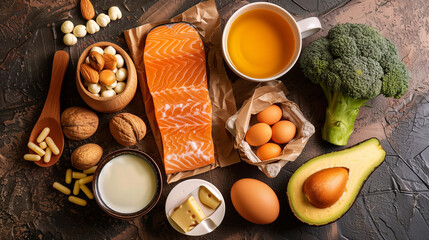 Table top view of healthy and vitamin D rich food products like salmon fish, beef, beans, nuts and vegetables with olive oil. Healthy lifestyle concept art.