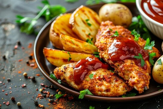 Crispy wedges with BBQ sauce potatoes on rustic wooden table