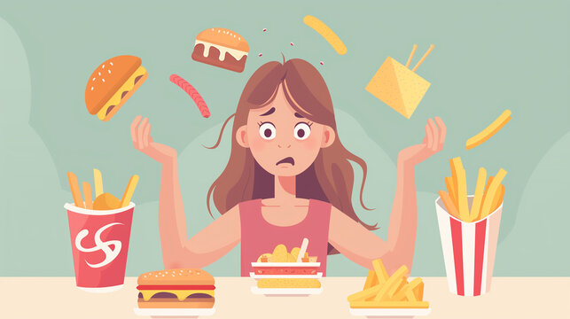 Flat art of woman refusing to eat junk food. Healthy lifestyle concept art.