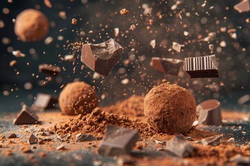 Dark background with chocolate candy truffle chocolate pieces and flying cocoa powder