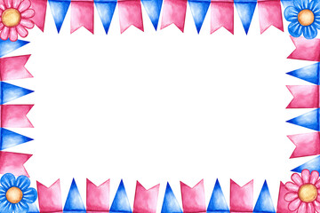 A frame of festive garlands of flags. Pink and blue. Decorative elements of holidays and parties. Handmade watercolor illustration. Isolate her. For the design of greeting cards, flyers and posters.