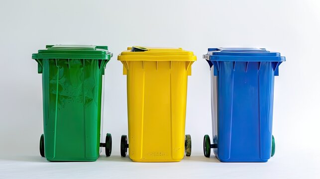 Colorful bins arranged artfully on a pristine white canvas – a symbol of eco-conscious living. Choose sustainability with our waste collection solutions!