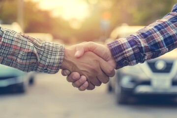 Dealer and car customer shaking hands in the background finalizing the deal