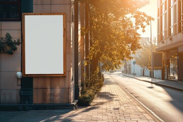 with empty white mock up banner for advertising, clear public information board in urban setting in sunny summer day,  - obrazy, fototapety, plakaty