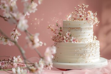 Delicate pink background white two tiered wedding cake adorned with flowers and gold seen from the side and top