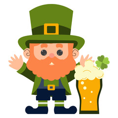 cartoon Leprechaun with Irish beer Vector illustration. St. Patrick's Day. Isolated object