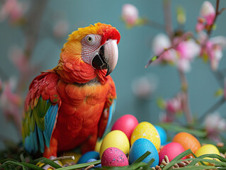 Macaw with easter eggs
