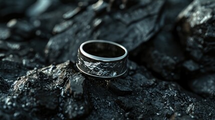 Obraz na płótnie Canvas Wedding rings on the background of black coal, close-up. Perfect for jewelry store advertisements or engagement-related content with Copy Space.