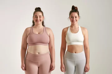 Gartenposter Woman posing before and after weight loss. Diet and healthy nutrition. Fitness results, get fit. Liposuction results, plastic surgery. Transformation from fat to athlete. Overweight and slim, training © Magryt