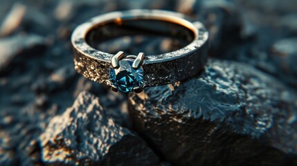 Wedding rings with blue gemstone on a black background. Perfect for jewelry store advertisements or engagement-related content with Copy Space.