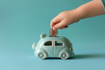 Child putting coin in piggy bank in a shape of a car. Saving money, financial literacy. Kids and money, first budgeting, saving, debt and investing. Child is saving money for a first car.