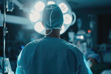 a person in surgical attire from behind, under bright operating room lights, preparing for a medical procedure. The focus is intense, suggesting a serious surgical environment.